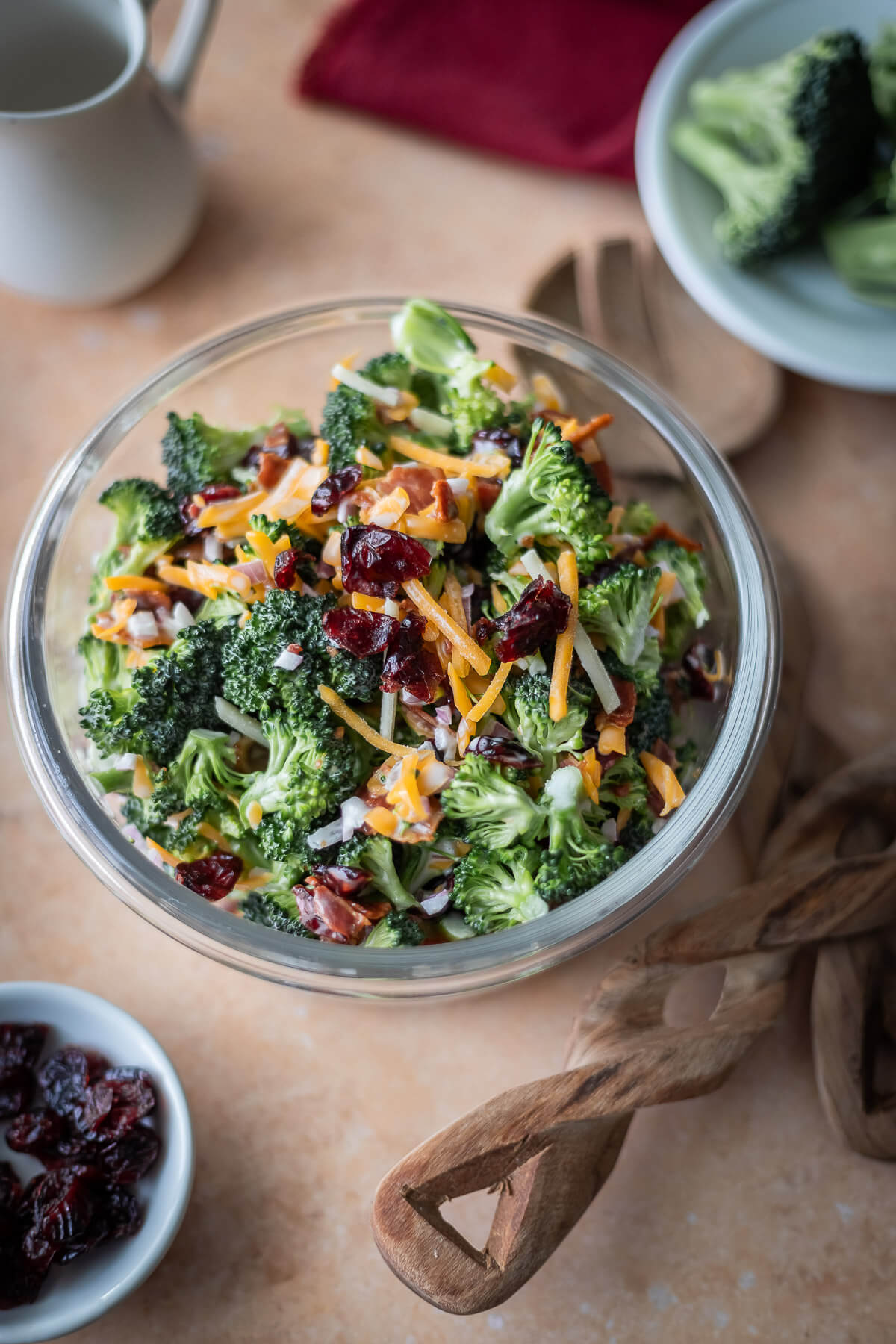 Delicious Raw Broccoli Salad with cheddar cheese, craisins, onions and bacon